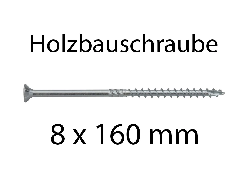 <p><strong>Holzbauschrauben 8 x 160 mm</strong></p><p>Stahl, verzinkt TX40, 25 Stück</p>